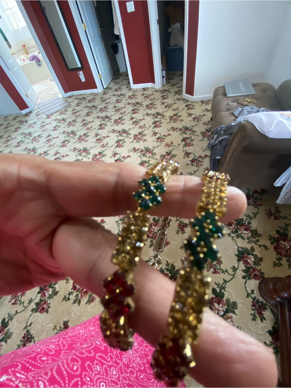 Gold-Tone Floral Crystal Stretch Bracelet with Green and Red Accents